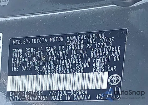 2008 Toyota Corolla Le из США, поврежденный, VIN 2T1BR32EX8C917280